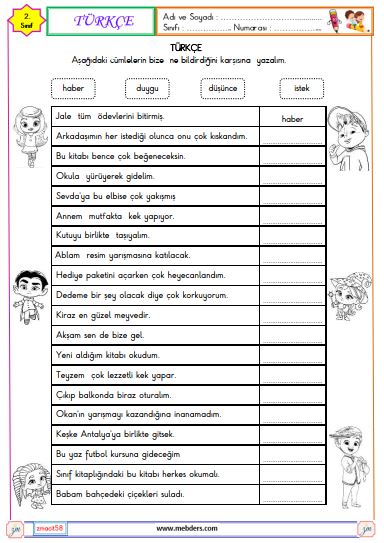 2. Sınıf Türkçe Duygu, Düşünce, Haber ve İstek Cümleleri Etkinliği